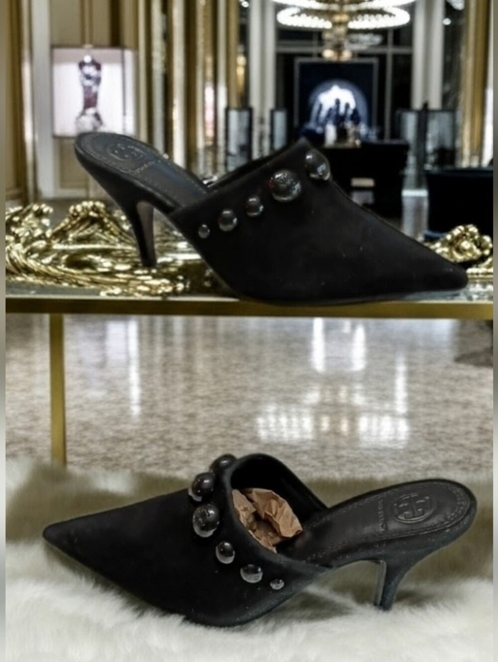 New Tory Burch Georgina Black Suede Sydded Pointed-Toe Embellished Mule Heels